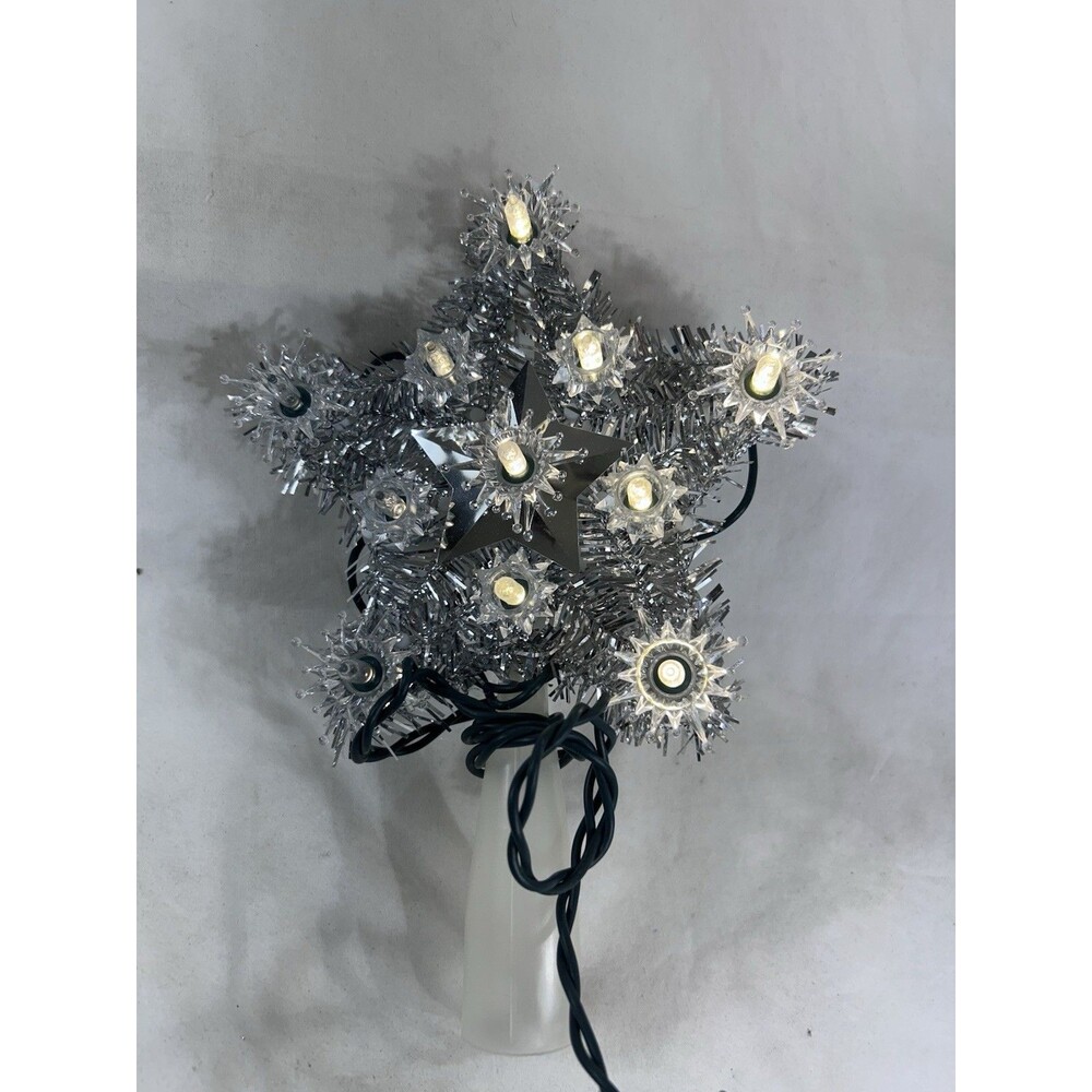 Silver Tinsel Blinking Vintage Star Christmas Tree Topper